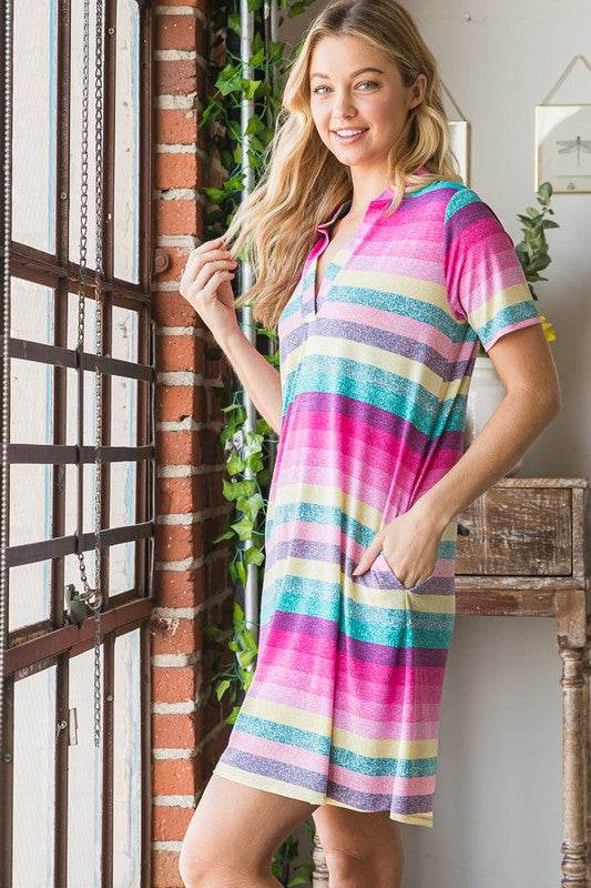 Heimish Full Size Striped Short Sleeve Mini Tee Dress Plus Size - Hovatok