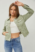 RISEN Full Size Raw Hem Button Up Cropped Denim Jacket Plus Size - Hovatok