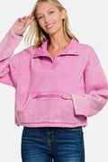 Zenana Acid Wash Fleece Half Snap Sweatshirt with Pocket - Hovatok