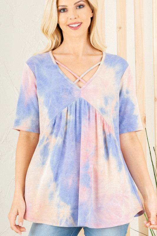 Heimish Full Size Crisscross Tie Dye Babydoll Top Plus Size - Hovatok
