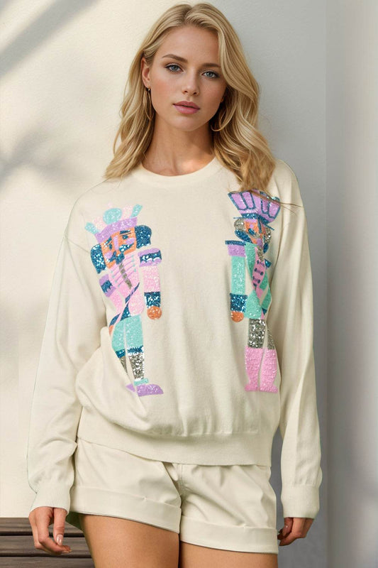 Double Take Full Size Sequin Nutcracker Long Sleeve Sweater - Hovatok