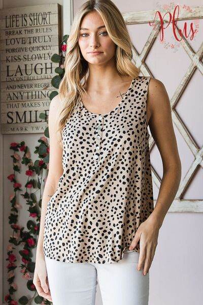 Heimish Full Size Front Button Animal Print Sleeveless Top Plus Size - Hovatok