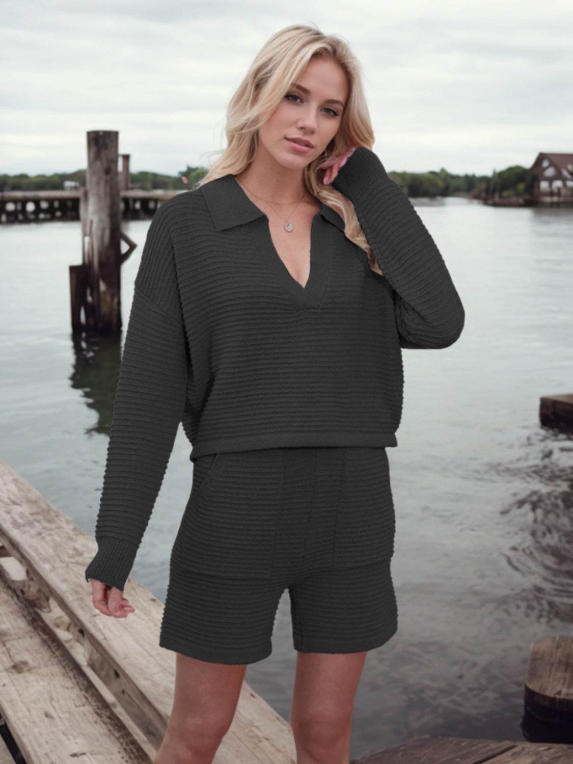 Johnny Collar Long Sleeve Top and Shorts Sweater Set - Hovatok
