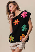 BiBi Flower Round Neck Cap Sleeve Knit Top - Hovatok