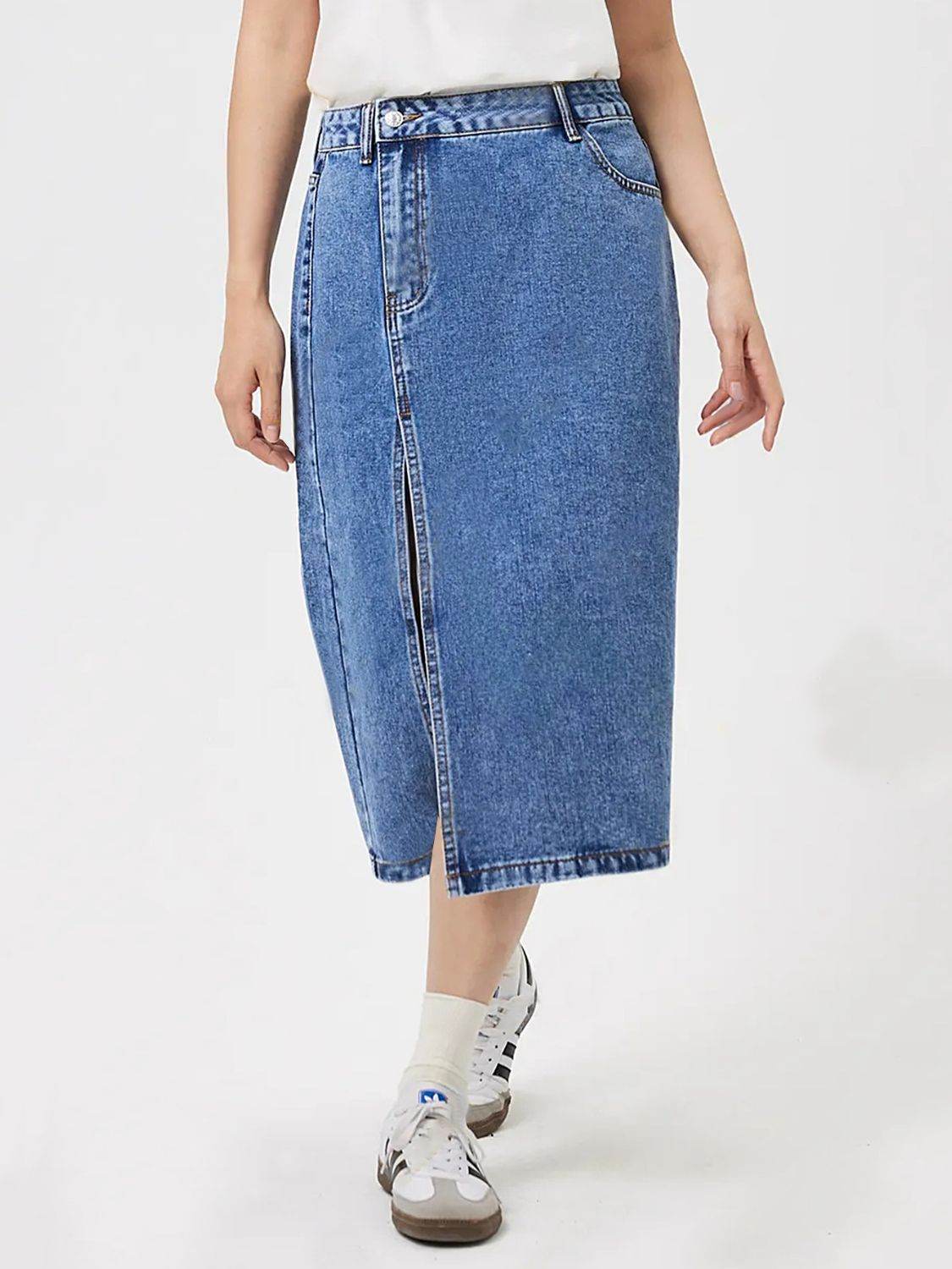 Slit Midi Denim Skirt with Pockets - Hovatok