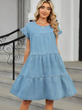 Tiered Round Neck Short Sleeve Denim Dress - Hovatok