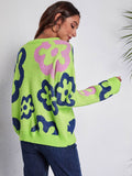 Flower Pattern Round Neck Long Sleeve Sweater - Hovatok