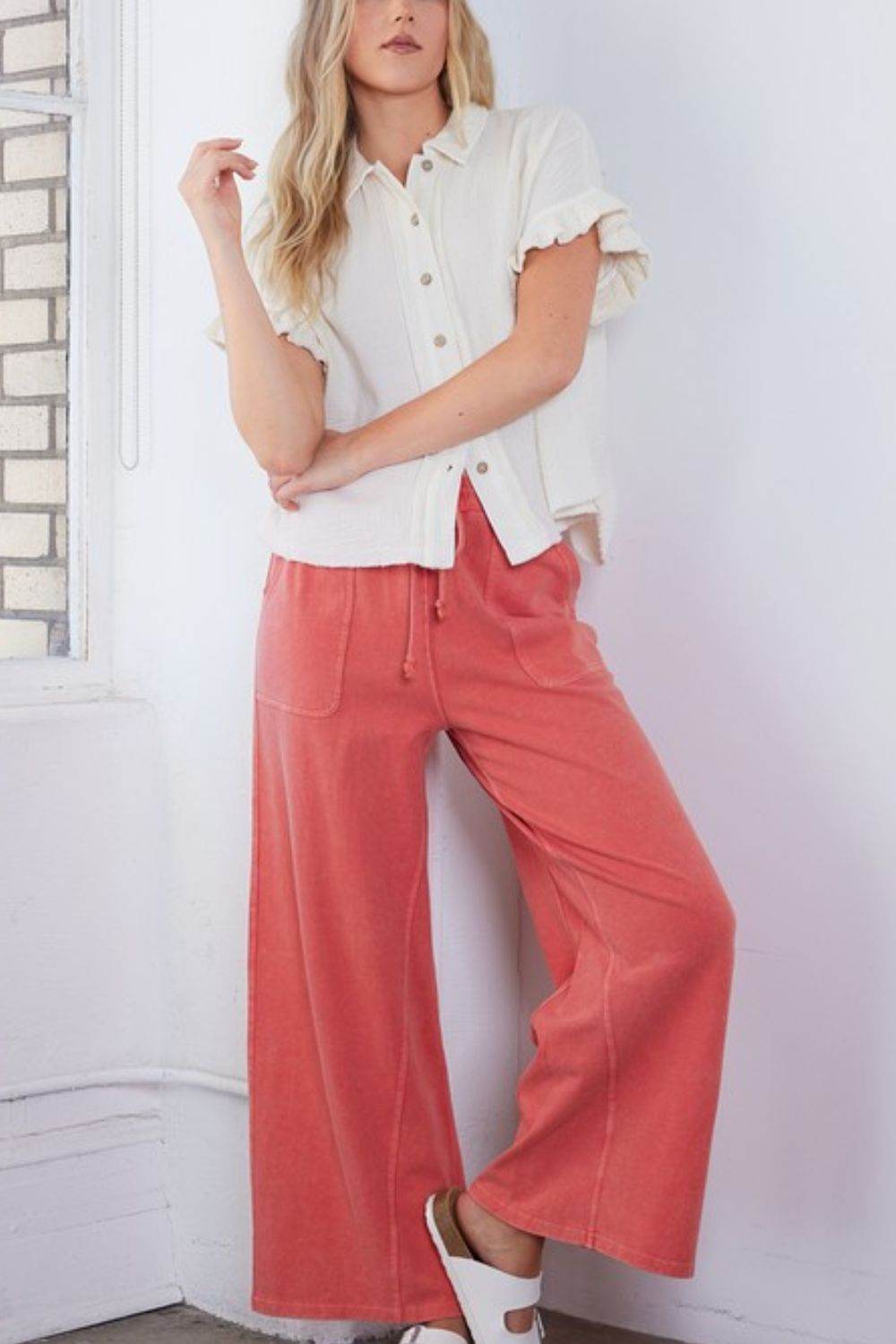 Mittoshop Mineral Washed Button Down Flounce Sleeve Shirt - Hovatok