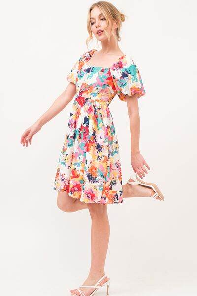 And The Why Square Neck Puff Sleeve Floral Dress - Hovatok