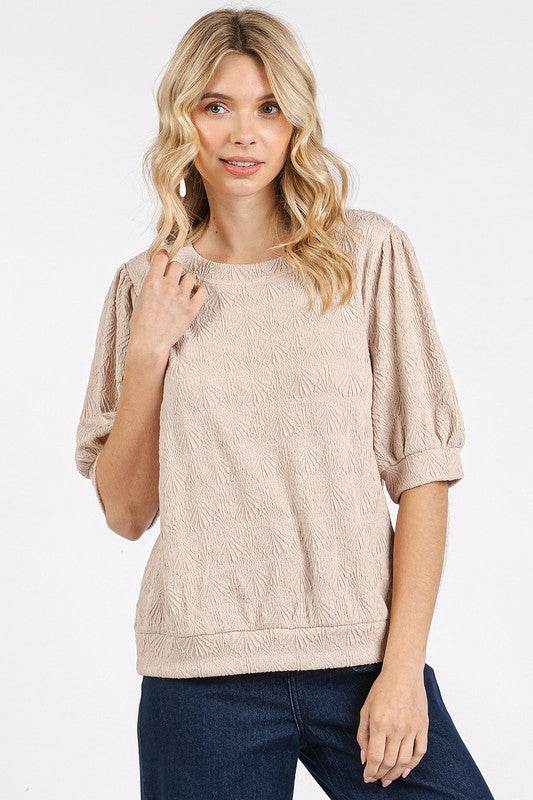 Mittoshop Fan Shell Texture Short Puff Sleeve Knit Top - Hovatok