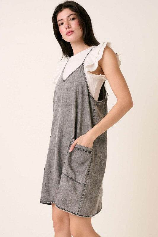 Mittoshop Washed Patch Pocket Mini Cami Denim Dress - Hovatok