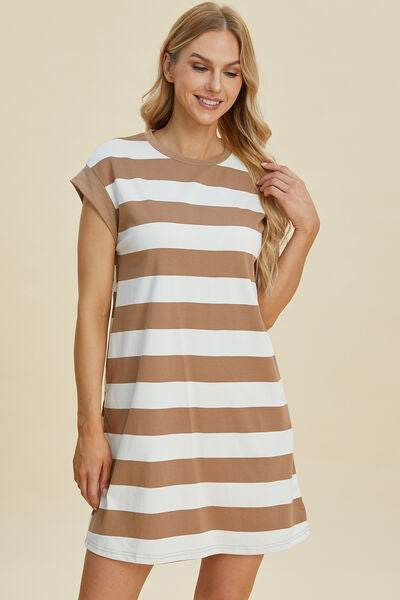 Basic Bae Full Size Striped Round Neck Cap Sleeve Mini Dress - Hovatok