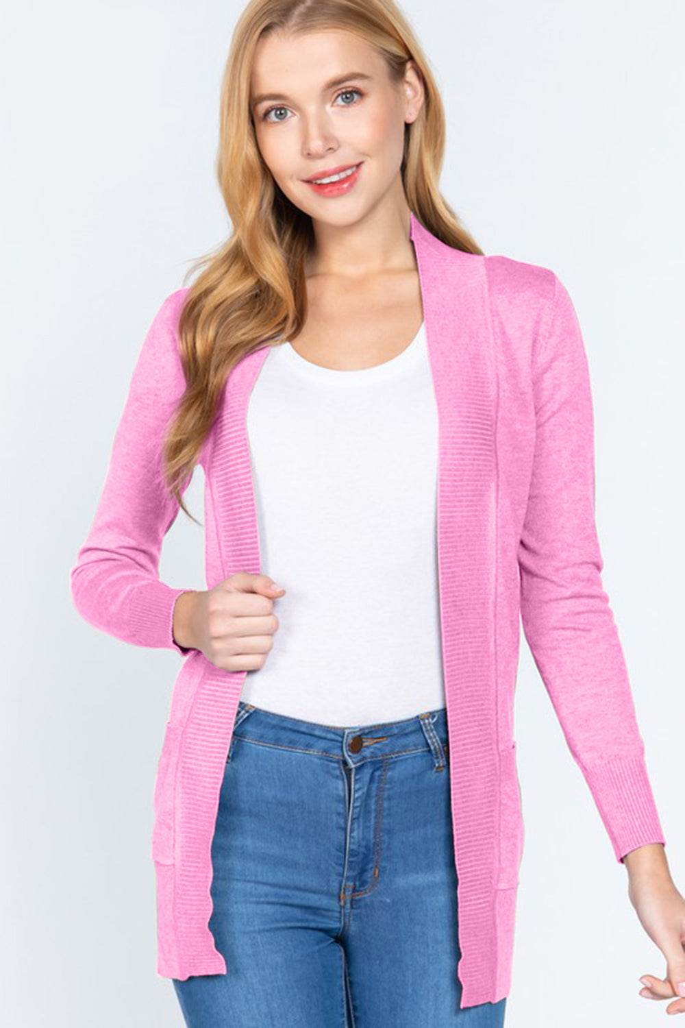 ACTIVE BASIC Ribbed Trim Open Front Cardigan - Hovatok
