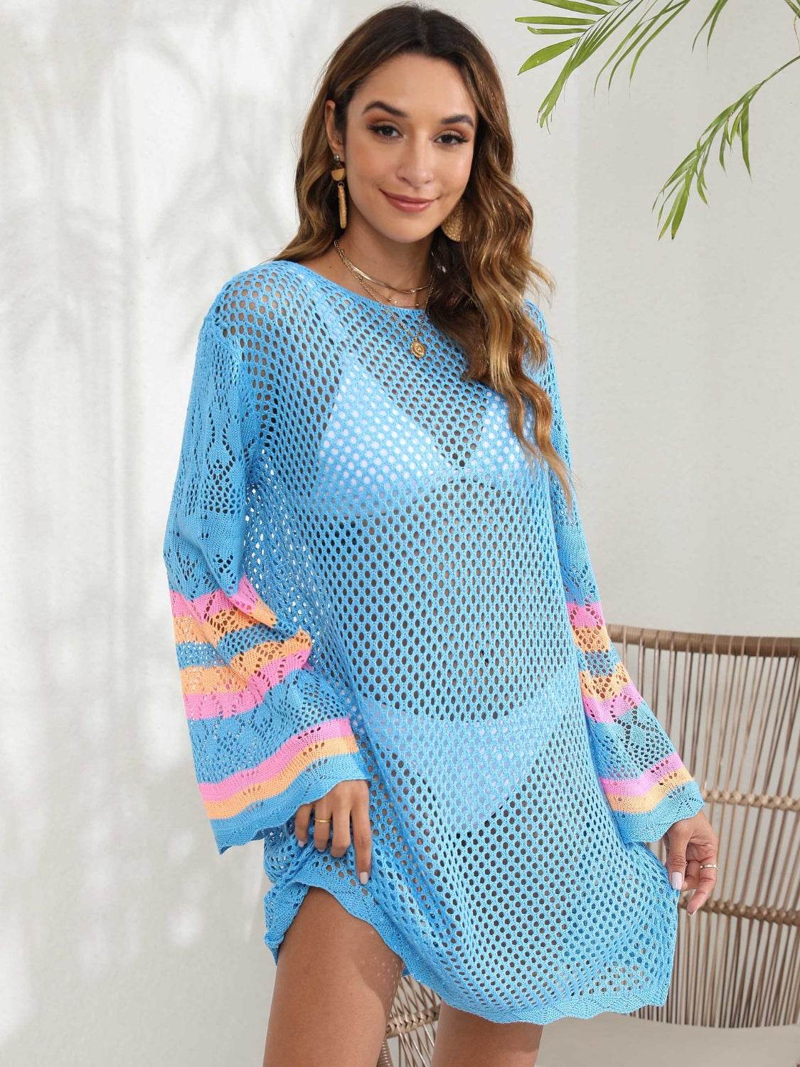 Openwork Contrast Long Sleeve Cover-Up - Hovatok