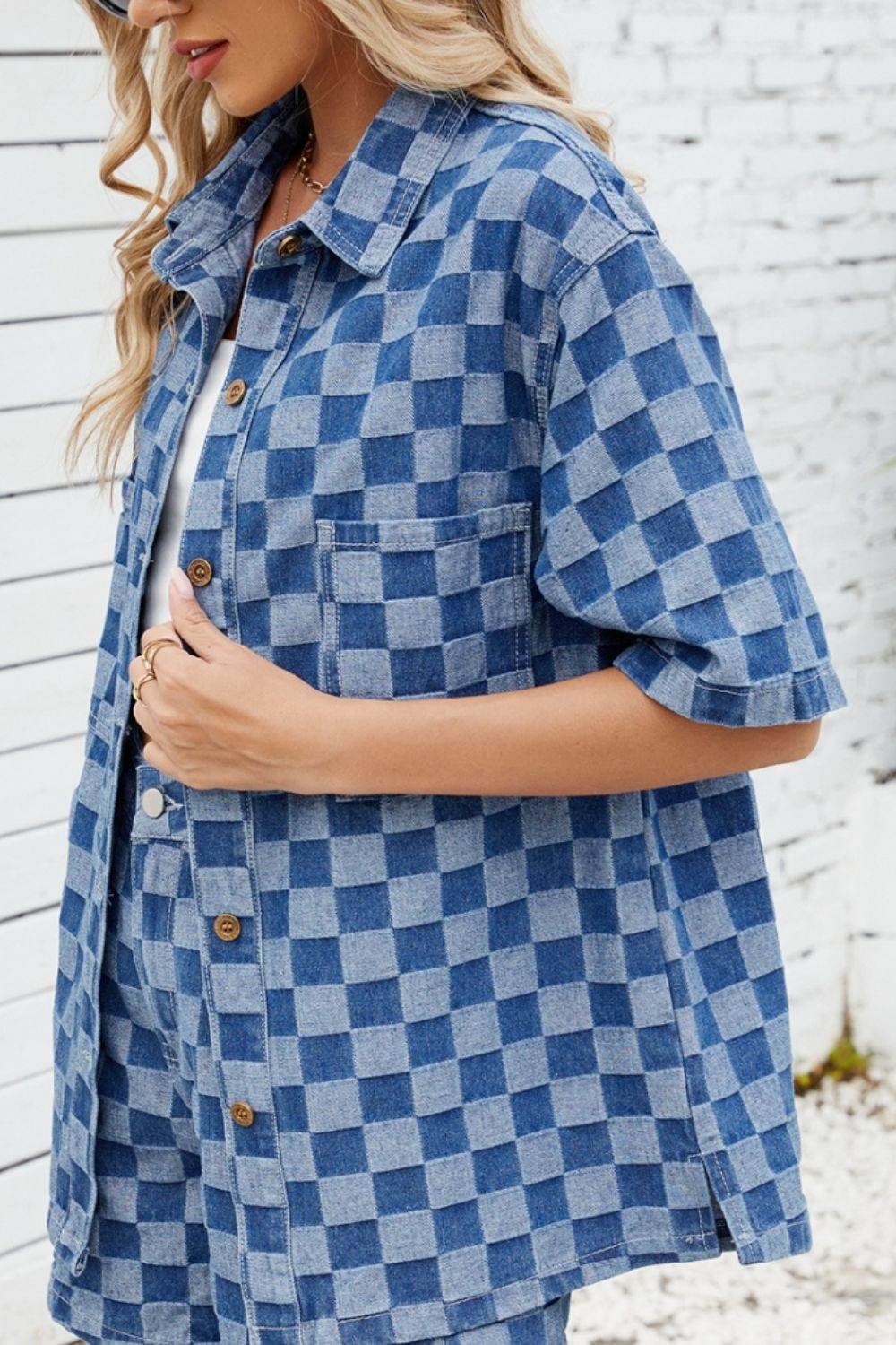 Button Down Checkered Denim Shirt - Hovatok