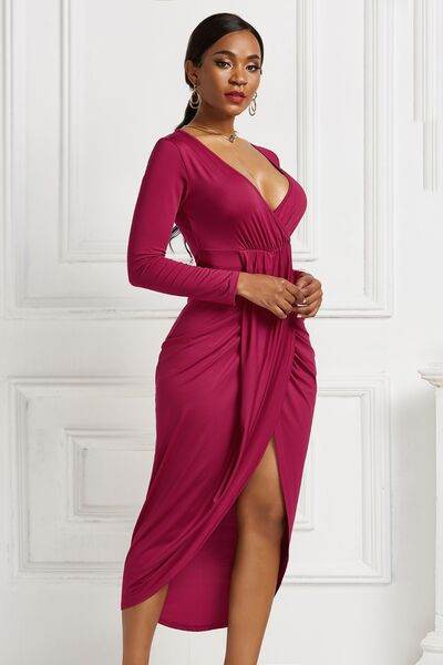 High-low Ruched Surplice Long Sleeve Dress - Hovatok