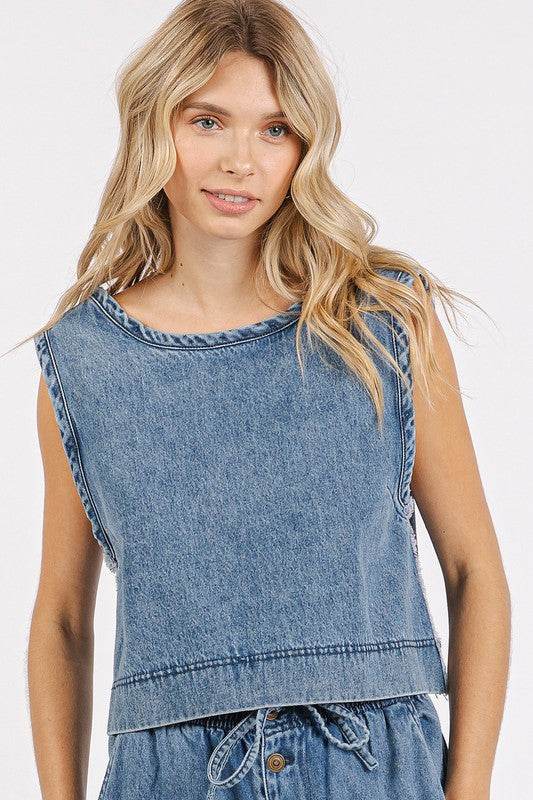 Mittoshop Washed Denim Distressed Detail Crop Tank - Hovatok