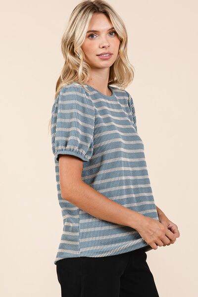 Mittoshop Contrast Striped Short Puff Sleeve Knit Top - Hovatok