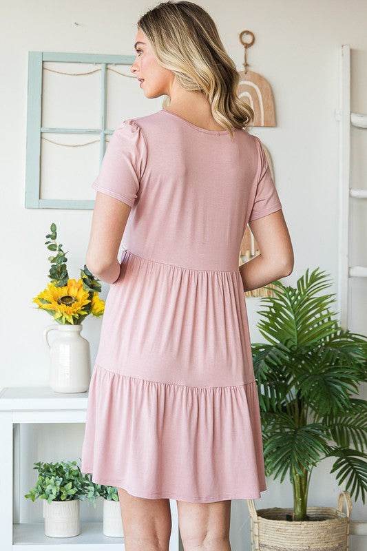 Heimish Full Size Solid Mini Tiered Dress with Pompom Lace Plus Size - Hovatok
