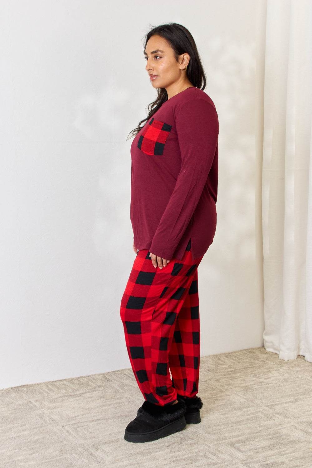 Zenana Full Size Plaid Round Neck Top and Pants Pajama Set - Hovatok