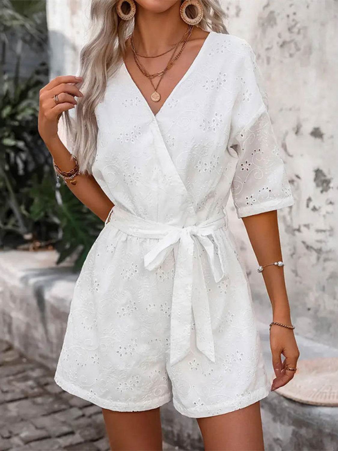 Tied Front Eyelet Romper - Hovatok