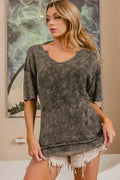 BiBi Washed Notched Short Sleeve Top - Hovatok