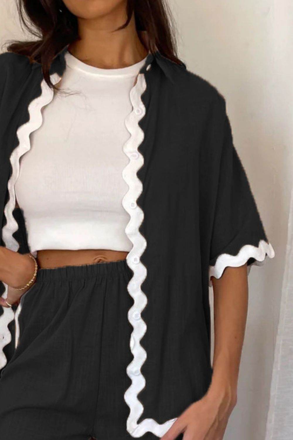 Contrast Trim Half Sleeve Top and Pants Set - Hovatok