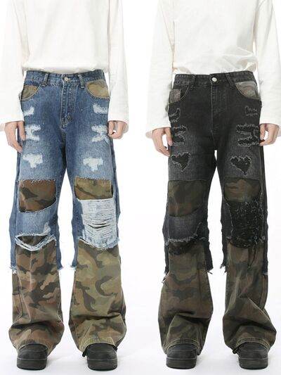Distressed Camouflage Patchwork Jeans - Hovatok