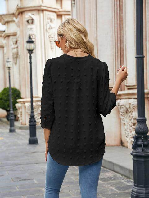 Swiss Dot Notched Neck Blouse - Hovatok