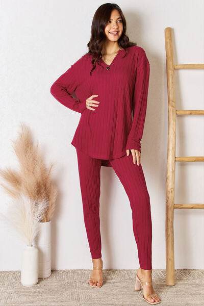 Basic Bae Full Size Notched Long Sleeve Top and Pants Set - Hovatok