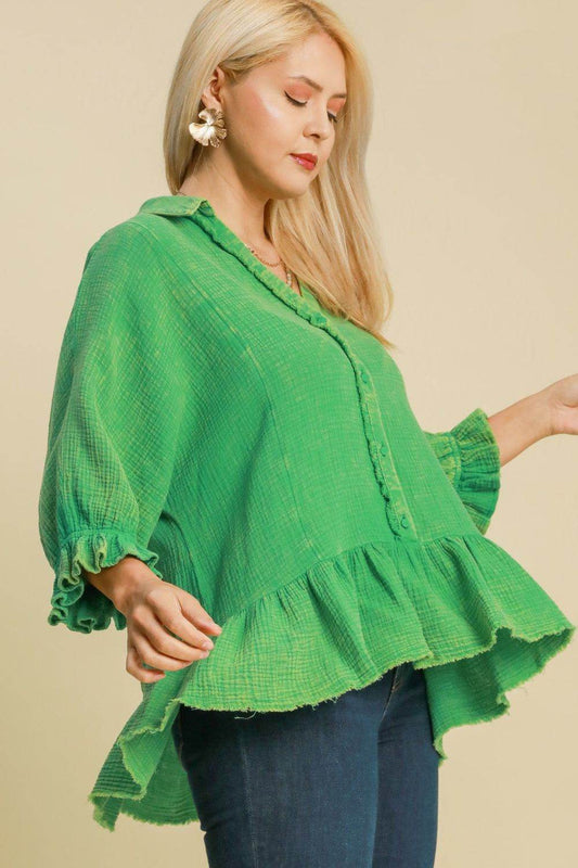 Umgee Full Size Mineral Washed Cotton Gauze Top Plus Size - Hovatok