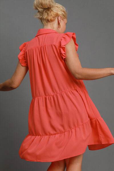 Umgee Full Size Johnny Collar Ruffle Cap Sleeve Tiered Dress Plus Size - Hovatok