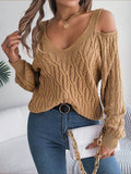 Cable-Knit Cold Shoulder Long Sleeve Sweater - Hovatok