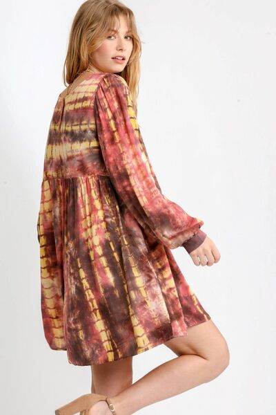 Umgee Full Size Tie Dye Long Sleeve Babydoll Dress with Keyhole Plus Size - Hovatok