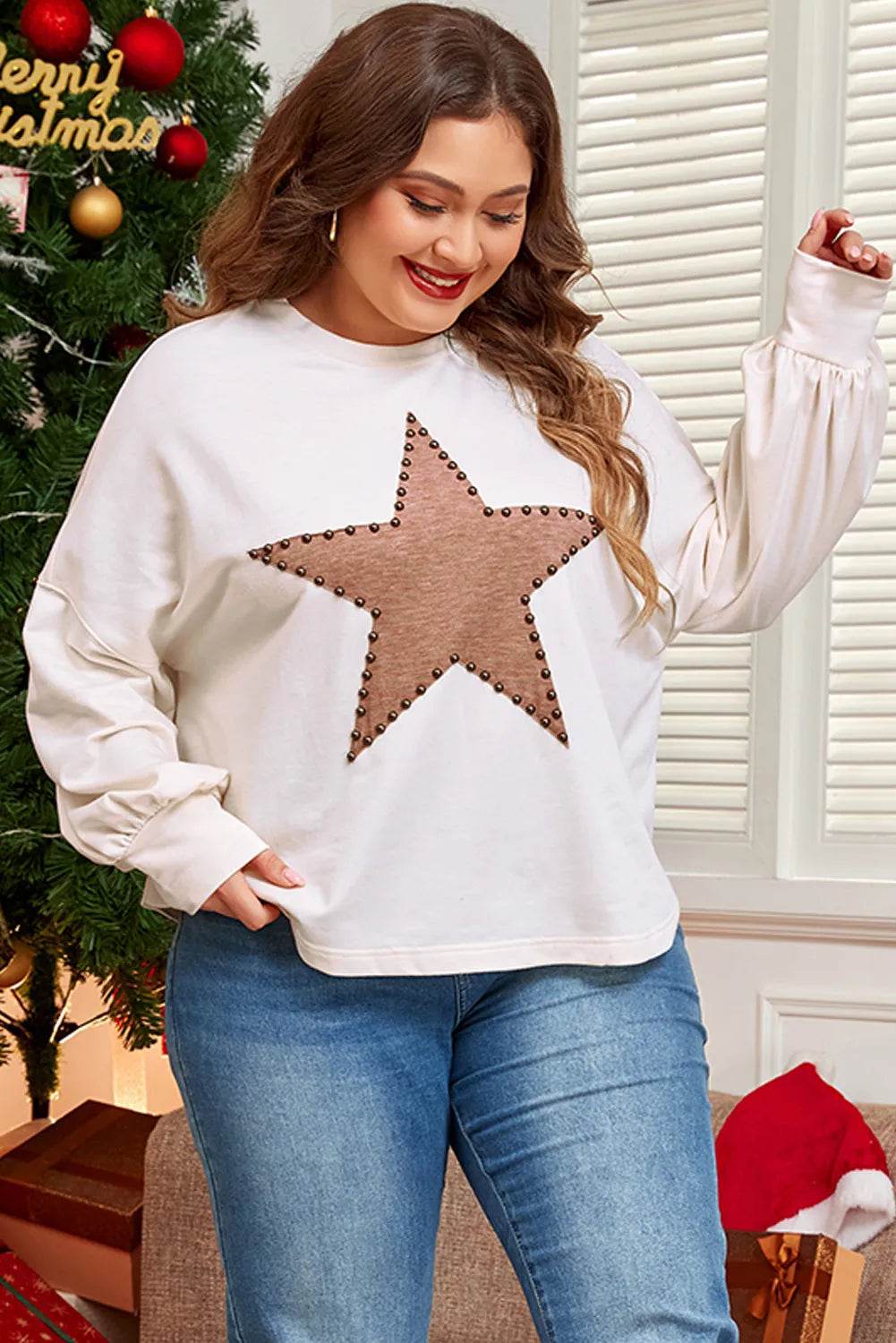 Plus Size Studded Star Round Neck Long Sleeve Blouse - Hovatok