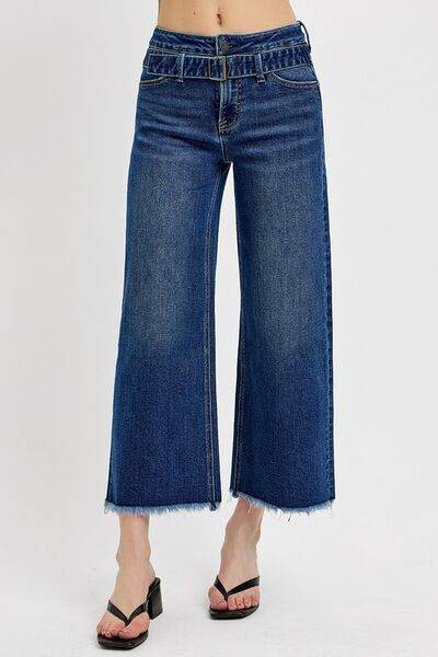 RISEN Raw Hem Wide Leg Attached Buckle Jeans - Hovatok