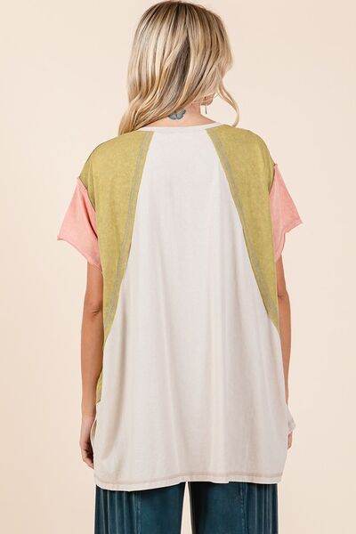 Mittoshop Color Block V-Neck Short Sleeve T-Shirt - Hovatok