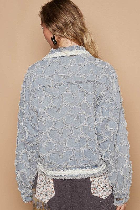 POL Star Textured Raw Hem Long Sleeve Denim Jacket - Hovatok
