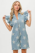 BiBi Ruffled Star Half Zip Denim Romper - Hovatok