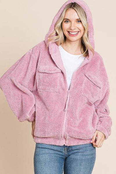 Culture Code Faux Fur Zip Up Hooded Jacket with Side Pockets - Hovatok