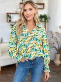 Double Take Full Size Printed Smocked Long Sleeve Blouse - Hovatok