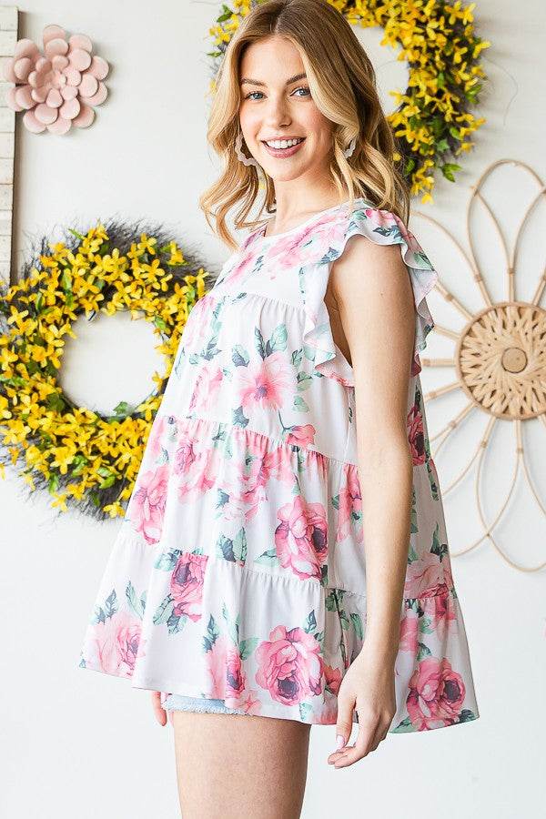 Heimish Full Size Butterfly Short Sleeve Round Neck Floral Print Tiered Top Plus Size - Hovatok