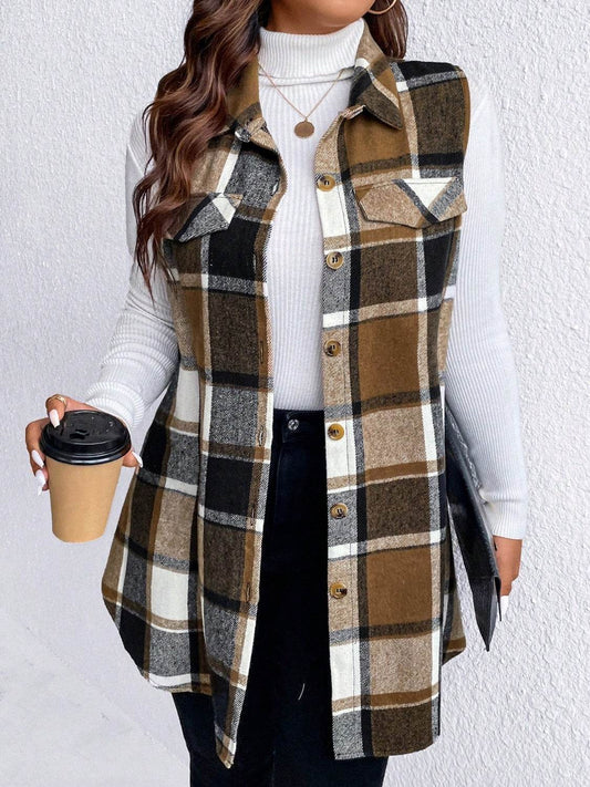 Honey Plus Size Pocketed Plaid Button Up Vest Coat - Hovatok