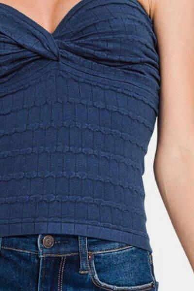 Zenana Ruched Twisted Sweetheart Neck Top - Hovatok