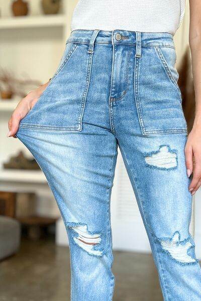 Judy Blue Full Size Distressed Straight Jeans with Patch Pockets - Hovatok