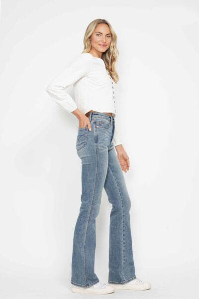 Judy Blue Full Size Tummy Control Back Embroidered Pocketed Bootcut Jeans Plus Size - Hovatok
