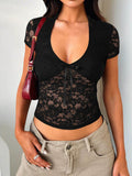 Devine V-Neck Short Sleeve Lace Top - Hovatok