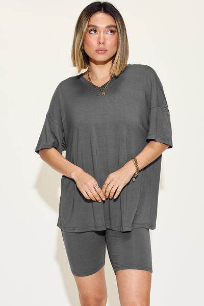 Basic Bae Full Size V-Neck Drop Shoulder T-Shirt and Shorts Set - Hovatok