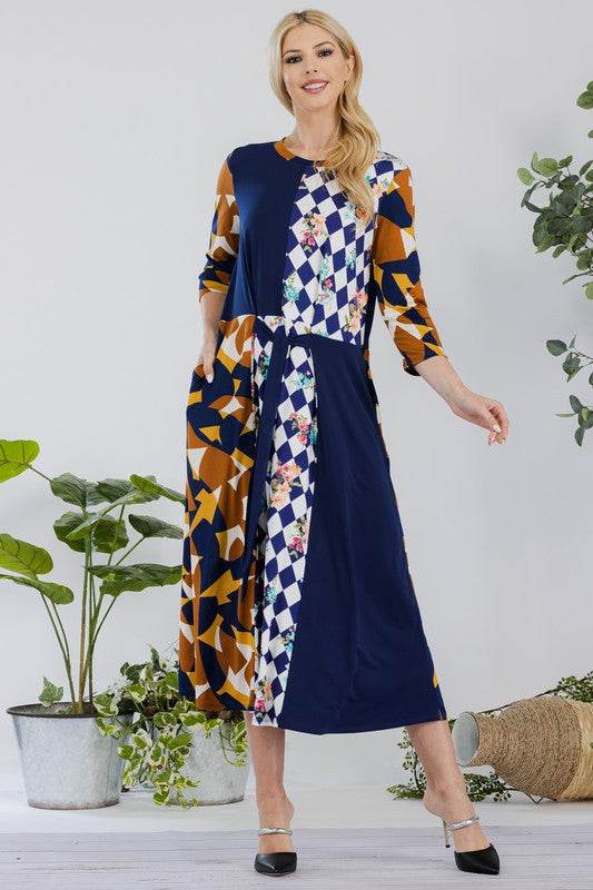 Celeste Full Size Multi Pattern Front Tie Midi Dress Plus Size - Hovatok