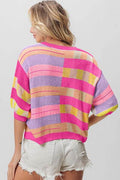 BiBi Multi Color Striped Round Neck Knit Top - Hovatok